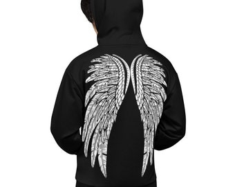 May include: Black hooded sweatshirt with a white graphic of angel wings on the back.