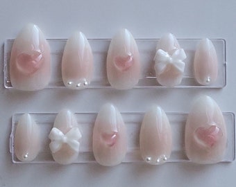 Milky White & Pink Blush Jelly Nails Almond Press on Nails (RESTOCKED BOW E)