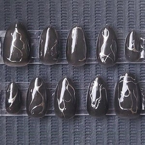 Black Jelly & Silver Metal Melt Short Almond Press On Nails