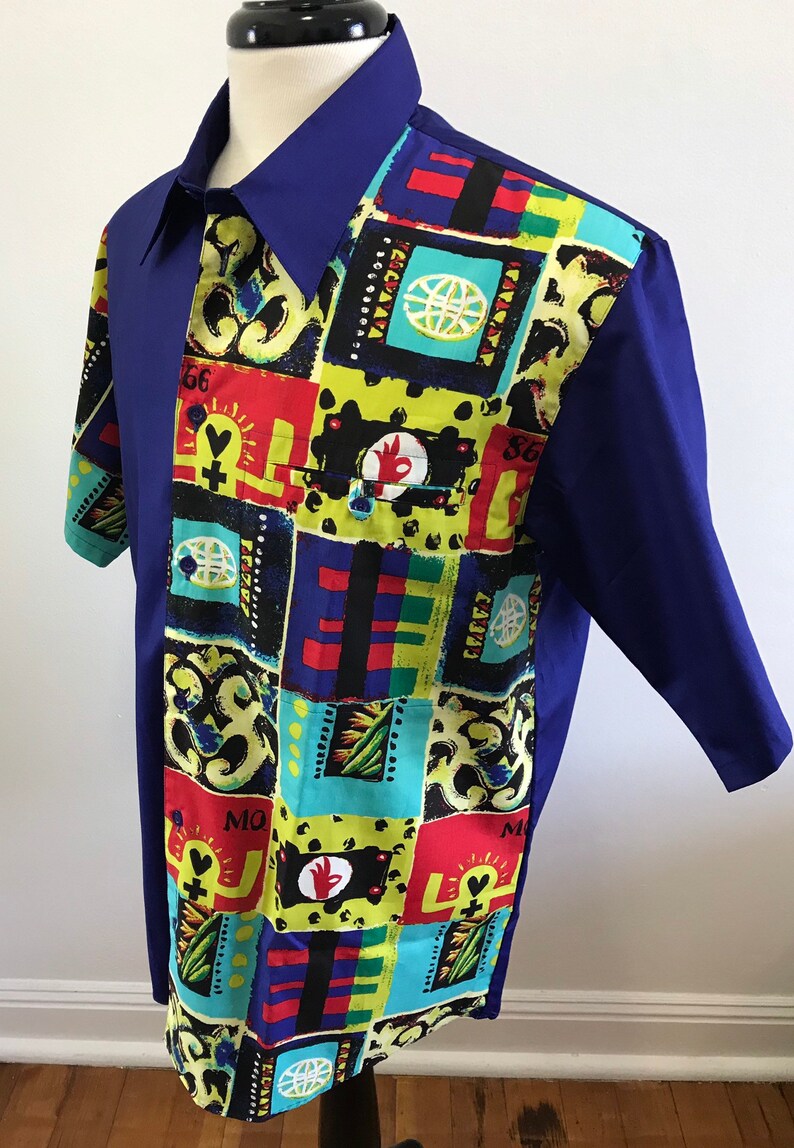 Abstract Art Print Men\u2019s Short Sleeve Kansai Yamamoto Shirt- Vintage 90/'s Size L