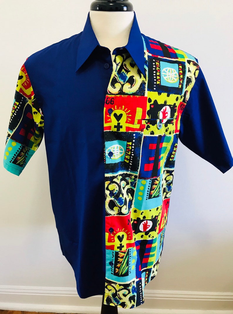 Abstract Art Print Men\u2019s Short Sleeve Kansai Yamamoto Shirt- Vintage 90/'s Size L