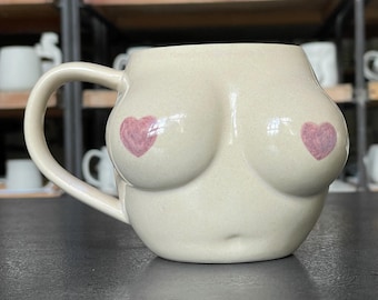 Handmade Ceramic Body Mug with Pink Hearts, Feminist Pottery Cup