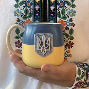 Handmade Ukrainian Flag 17 oz Ceramic Mugs with Trident Coat of Arms - Unique Patriotic Gift from Ukraine