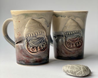 Jaws Pottery Mug, Handmade Ceramic Shark Mugs, Shark Mug Pottery, Sharks Scary Mug, Fishing Unique Mug, Fishing Lovers, Gifts for her or him