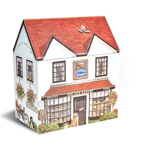 Bakery tea tin shop village cottage Elite Dana Kubick House English biscuit storage canister metal retro recipe box birthday friendship gift