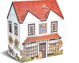 Bakery tea tin shop village cottage Elite Dana Kubick House English biscuit storage canister metal retro recipe box birthday friendship gift