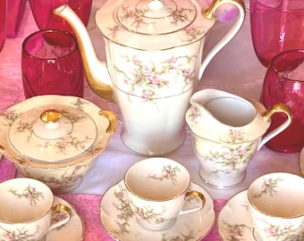 Coffee or Espresso set for 8: Haviland "Rosalinde" 22 kt gold coffee pot, creamer & sugar; demitasse cups + saucers; porcelain; pink roses