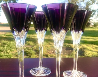 Desirable AJKA Crystal Cordial Glasses: Castille Purple Amethyst Cut Glass 5 available; mint condition