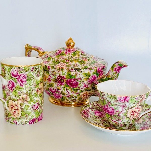 Sadler Florence 22 kt gold trim chintz Mug or teacup set available vintage English cottage roses pink magenta apricot scalloped garden rare