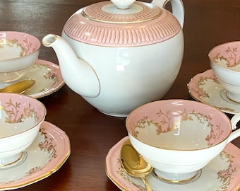 Pink & Gold Tea for 4 Royal Tettau Regency Pink, White and Gold Teapot, 4 teacup + saucer Sets 22 kt Gold Baroque Filigree 10 piece set MINT