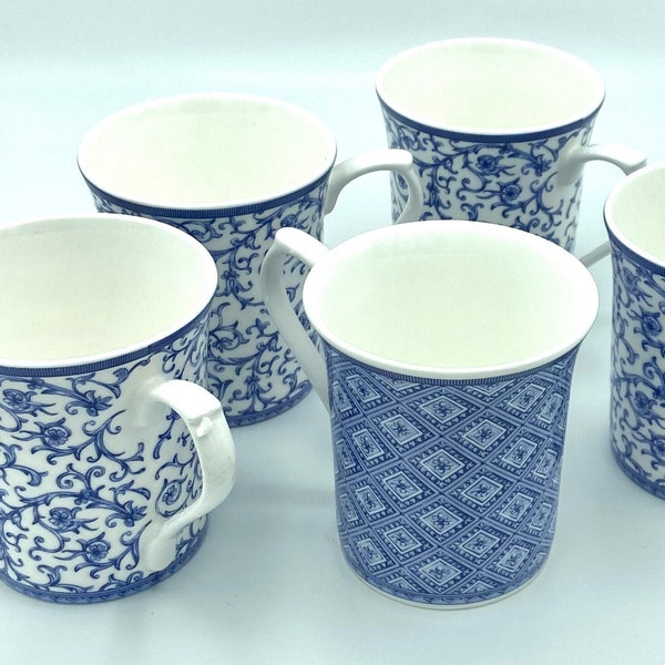 Blue Story mugs Arabesque Stucco Classical Victorian Calico cobalt blue white Queens Scroll Flower Square Circle ceramic fine bone china new