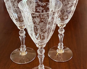Fostoria "Chintz" etched tall water goblets with stems; clear blown glass; paneled optic bowl; 3 available; in MINT condition