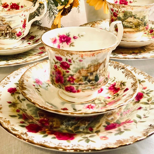 Brushed gold 22kt Royal Albert Four Seasons Trios teacup saucer salad plate Spring Summer Autumn Winter bone china England hand-painted gift