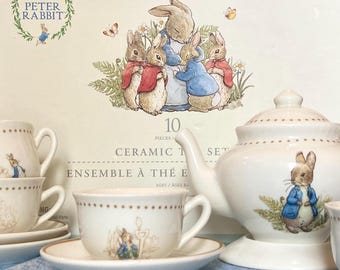 Childrens Tea Set for 4 in original custom box Child's Peter Rabbit Beatrix Potter Pottery Barn Kids 2014 Ceramic 10 pieces in new condition