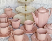 Vintage Mikasa 6 Pink Spectrum Set Teapot Creamer Sugar Bowl teacup saucer 3 tier cake stand ceramic Deco Solid 18 piece Rose Retro china MC