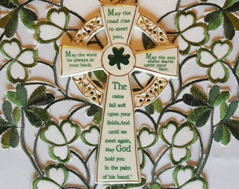 Celtic Irish Cross ornament Blessing Kurt Adler St Patrick Day Vintage ceramic porcelain white gold green shamrock 5 x 3" inch box new gift