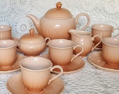 Vintage 6 Mikasa Spring Amaryllis Laslo tea set teapot creamer sugar teacup saucers 17 piece ceramic peach orange floral petal Nikko Noritak