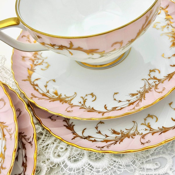 Pink 22 kt Gold Trio Teacup saucer plate Set Royal Tettau Elegance Rose Footed Blush Scroll Scalloped hand-painted Porcelain Baroque wedding