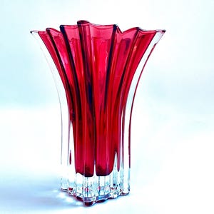 Vera Wang Cranberry Glass Vase: Ribbed Flared Ruby Red Art Glass, 7.5" Vintage, flawless