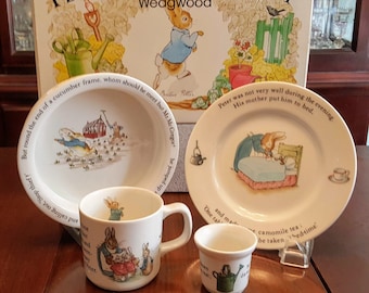 Nursery set 4 Piece BOX Vintage Wedgwood Peter Rabbit Children tea Mug Oatmeal Plate Egg cup Beatrix Potter Birthday Easter Shower Gift new