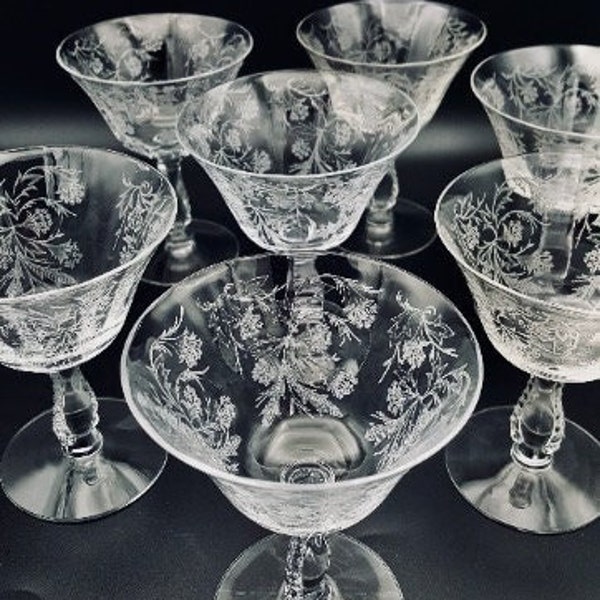 Sets of 1940s Stems Etched Crystal Fostoria Heather Martini Champagne Glass Lead clear Blown optic frozen mixed drinks wedding birthday gift