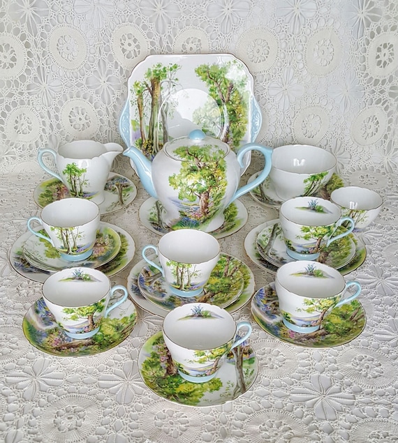 Tea Set for 6 SHELLEY Woodland Teapot Sugar Bowl Creamer Service Antique  Vintage 23 Piece Trio Teacups Saucers Salad Plates Paragon Blue -   Finland
