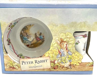 Peter Rabbit Nursery set 3 piece in box Christening  Wedgwood mug/cup bowl plate pink + blue border made in England; vintage baby gift "new"