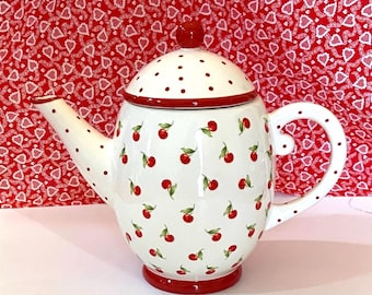 Large 6-Cup Capacity Hallmark Ceramic Teapot: Cherry Finial, Red Polka Dots,