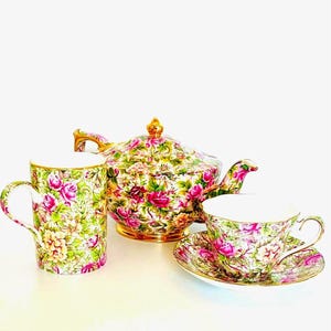 Vintage Sadler Florence Teapot Set: English Cottage Roses, 24kt Gold Trim
