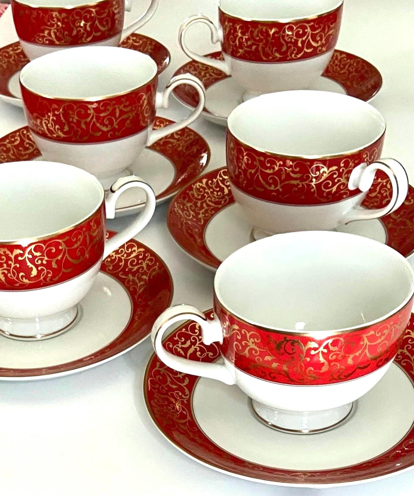 Mikasa Parchment Red Porcelain Tea Cup and Saucer Set: 22 Kt Gold