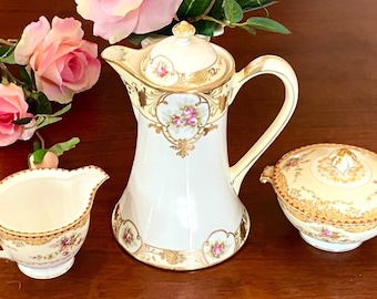 Pink Roses Tea set for 6; 51 Piece; embossed 22kt gold coffee pot; (7) 6-pce place settings serving pieces plates platter Nippon, Meito MINT