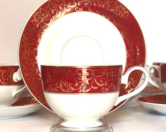 Mikasa Parchment Red Porcelain Tea Cup and Saucer Set: 22 kt Gold Filigree, Baroque Decor “New”