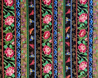 Vintage Wamsutta Fabric: 3 yds Polished Cotton, Gold Thread Roses & Butterflies