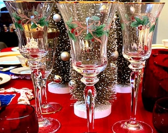 Mikasa 24kt gold rim sets Ribbon Holly Crystal stemware blown glass flukes wine or water glasses 8 total sold in sets of 4; 2 sets available