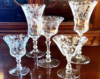 Cambridge Rose Point Clear Etched Crystal Glassware 5 sizes: Champagne/ Cocktail Coupes Water Goblets Wine glasses Iced Tea fruit sets MINT