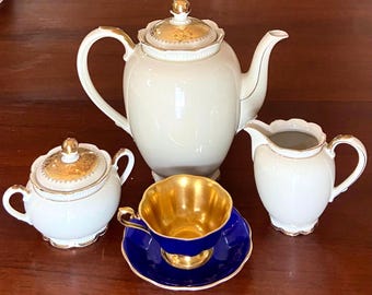 Regal 22kt gold & ivory 5 pce Mitterteich Bavaria porcelain tea set 7 cup teapot creamer sugar bowl solid color heavy gold usage floral MINT