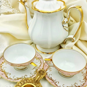 Royal Tettau Pink Rose Teacup Saucer Set: 24kt Gold Porcelain