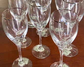 New with Tags: Gorham Tall Platinum "Andante" Water Goblets sets of 4; iced tea glass; Crystal Stemware, Clear Blown Glass;  MINT condition