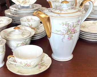 Tea set + 3 tier cake stand, 8 plc settings + large set Haviland Rosalinde France 22kt gold; serving pcs teacup sets bowls plates pink roses