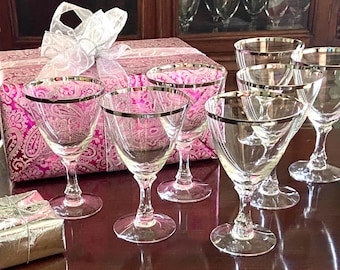 Crystal Goblet Stem Sets Fostoria Wedding Ring with Platinum Rim - Sets of 6; 3 sets available