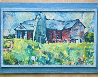 Large Framed Original oil painting by Impressionist artist John Stermer Barn "Special Delivery", original art work, landscape, one of a kind