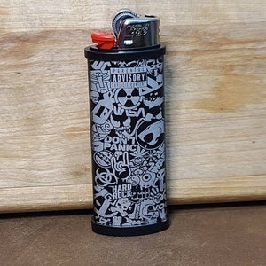 Stickerbomb - Sticker Bomb - Retro - Double Sided - Fiber Laser Engraved - Matte Black BIC Lighter Case