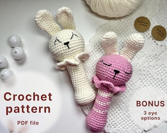 Mönster för kaninpinneskallra · Babypresent · Virkad babyskallra med djur · Pinneskallra · Babyshower · Virkad skallra · Amigurumi