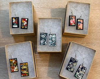 Rectangle Up-cycled Handmade Earrings with Japanese Floral Origami Papers