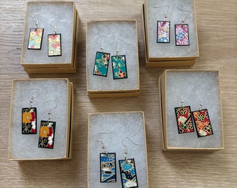 Rectangle Up-cycled Handmade Earrings with Japanese Floral Origami Papers