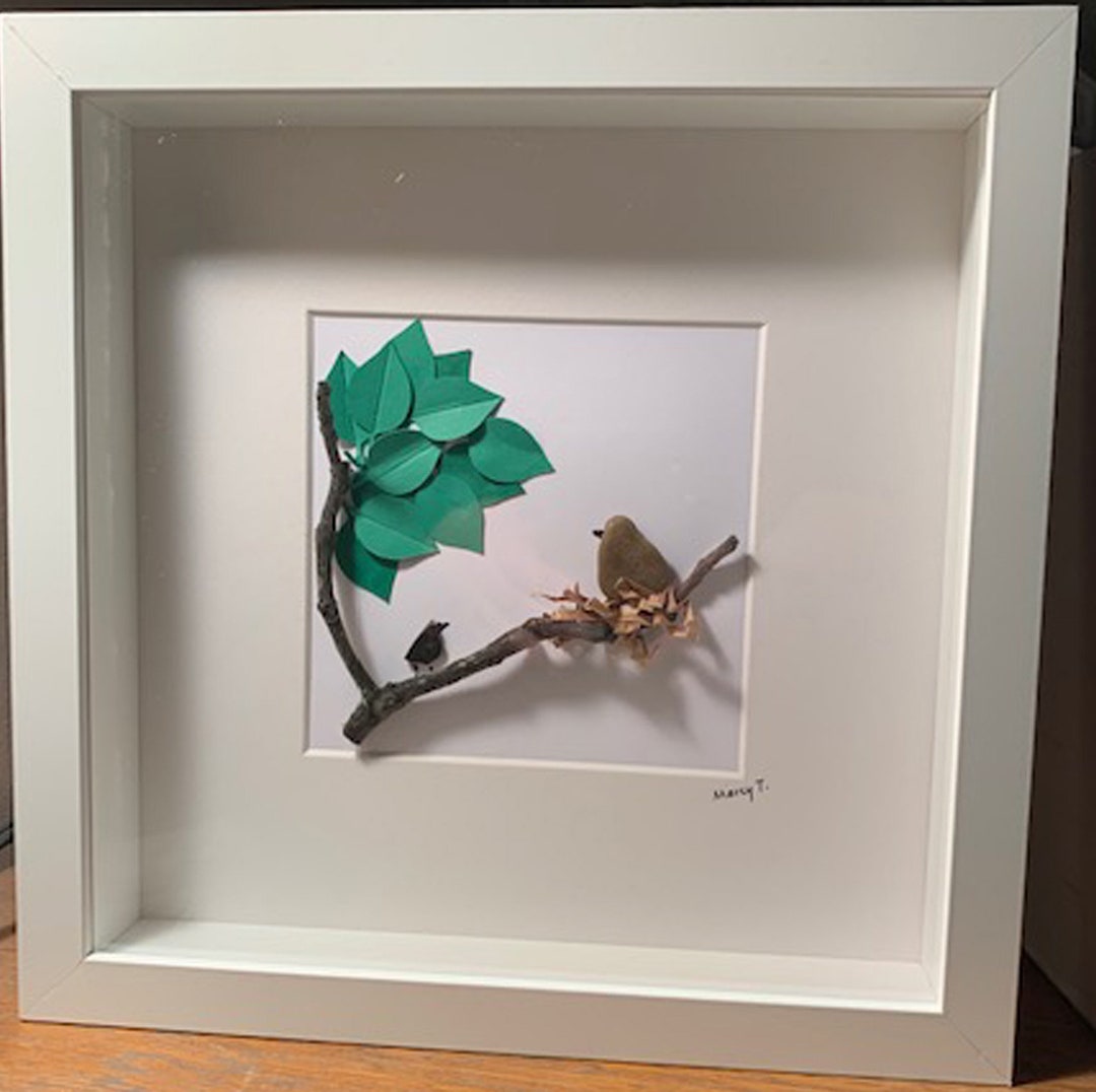 Shadow Box Wall Hanging. Pebble Art, Paper Leaves Etsy