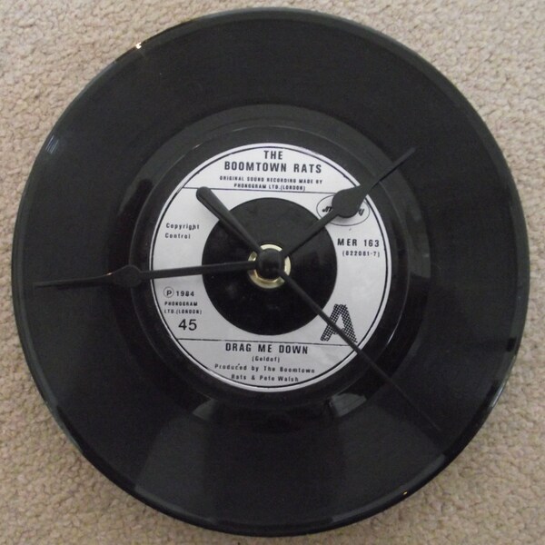 THE BOOMTOWN RATS "Drag Me Down"  7" wall clock upcycled vinyl