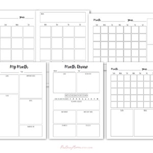 May include: Printable monthly planner pages with sections for goals, to-do lists, notes, and a monthly calendar grid. The pages are black and white with a simple design.