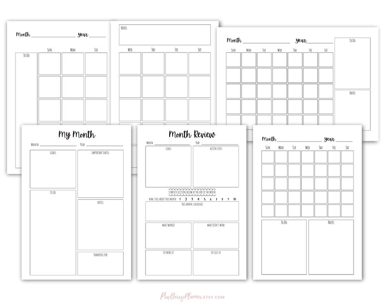 May include: Printable monthly planner pages with sections for goals, to-do lists, notes, and a monthly calendar grid. The pages are black and white with a simple design.