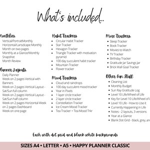 May include: A list of printable planner and tracker options for the Happy Planner Classic, A4, Letter, and A5 sizes. The list includes monthlies, planner layouts, habit trackers, mood trackers, more trackers, and other fun stuff. Each option is available with a dot grid and blank white background.